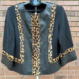 St. John Black Blazer Jacket Leopard Cheetah Calf Hair Leather Size 12 Zipper